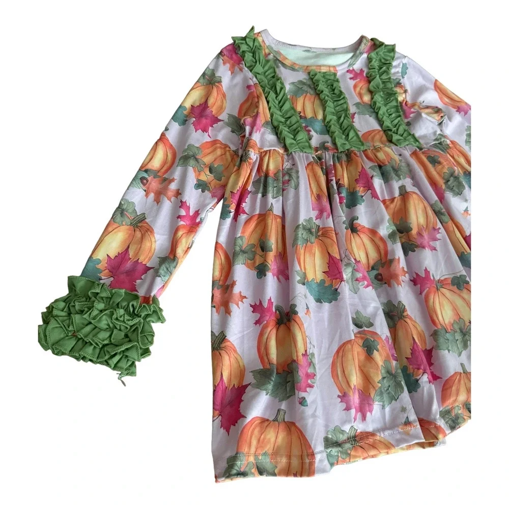 NWOT Pumpkin Leaf Fall Autumn Orange Crush Print Ruffle Top, leggings Set age 3T